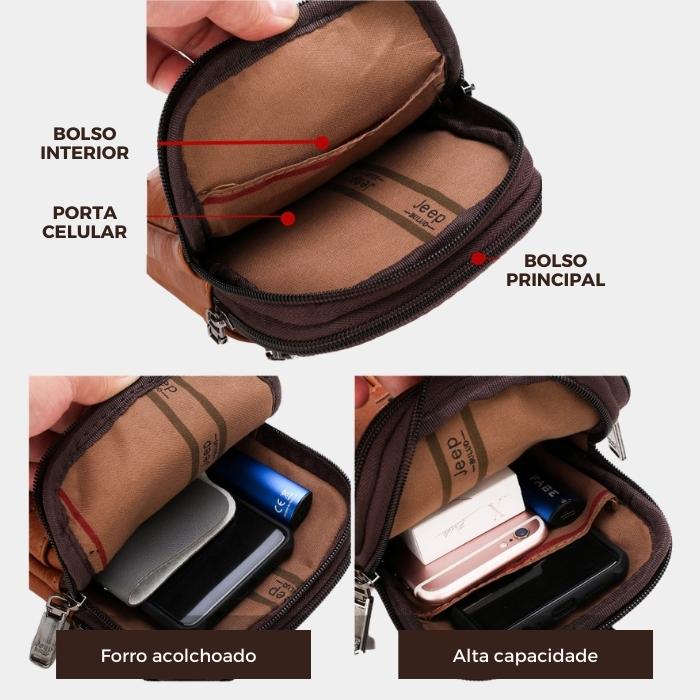 Bolsa JEEP de Couro Multiuso Transversal Para Celular Peito e Ombro